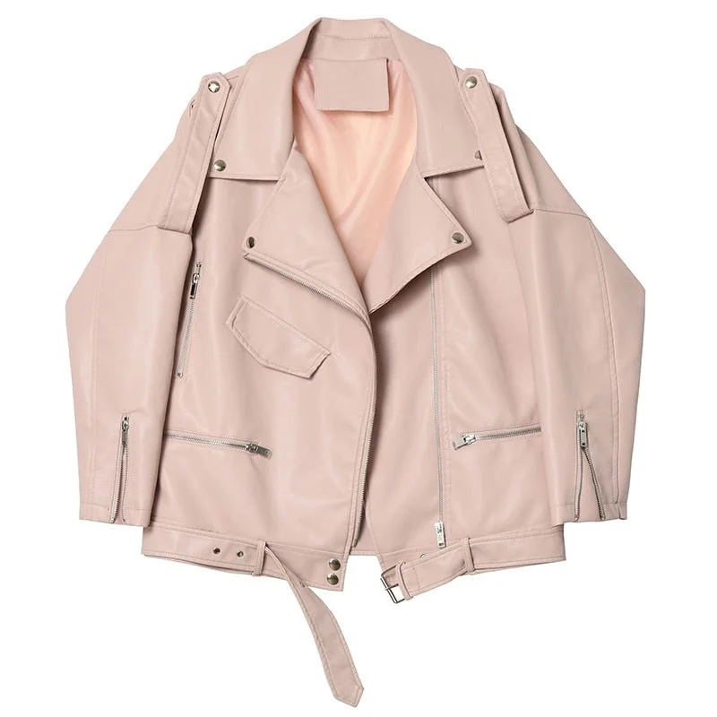 Autumn Women Faux Soft Leather Loose Jacket Coat Turndown