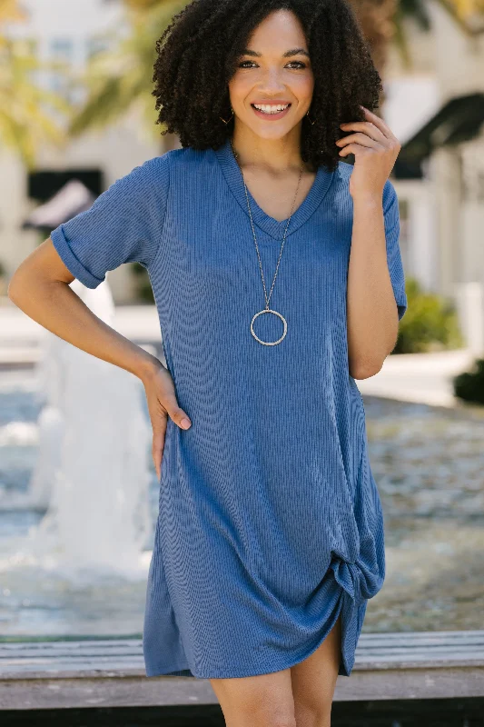 Off To A Good Start Marina Blue Ribbed T-shirt Dress