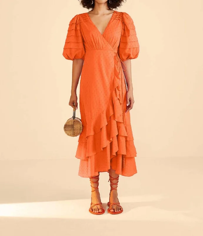 Ruffles Midi Dress In Orange