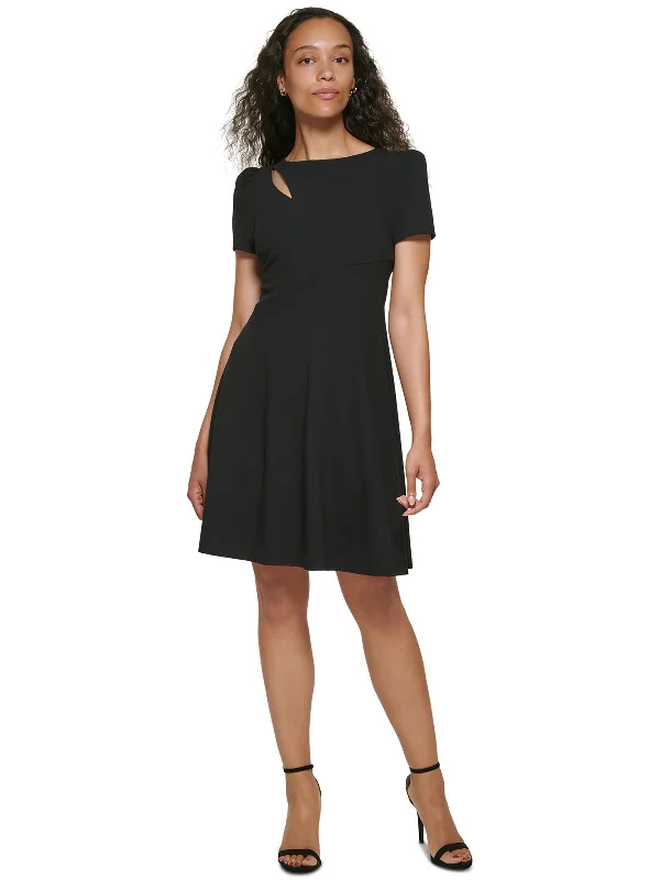 Womens Front Cut-Out Puff Sleeves Fit & Flare Dress