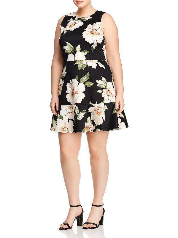 Plus Womens Floral Print Ruffle Scuba Dress