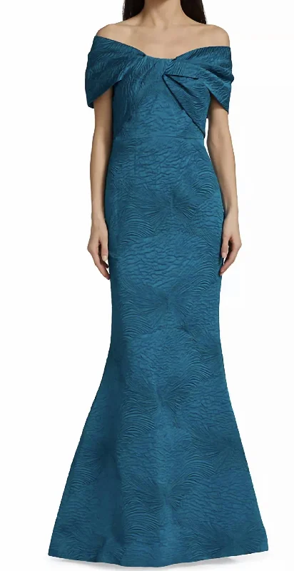 Off Shoulder Bow Bodice Jacquard Mermaid Gown In Peacock