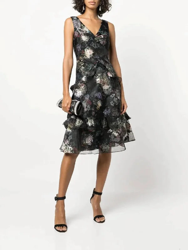 Floral Ruffled Midi Dress In Black