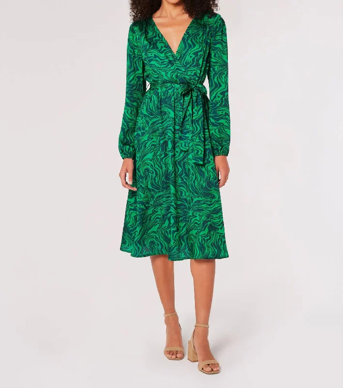 Addison Swirl Print Satin Wrap Dress In Green