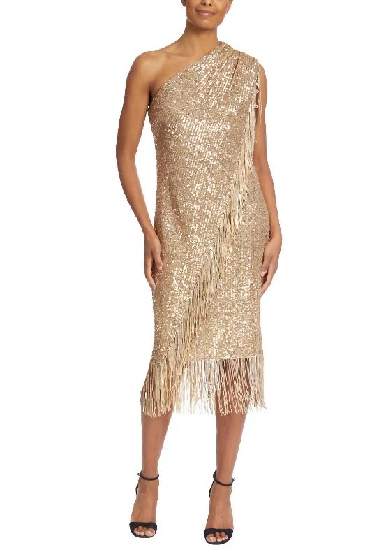 Sequin Fringe Asymmetrical Midi Dress In Gold