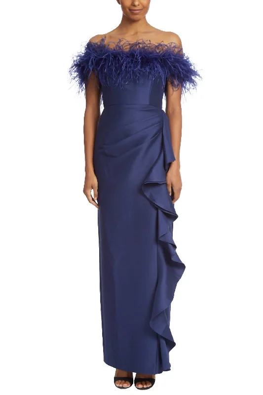 Feather Ruffle Off-Shoulder Gown In Navy