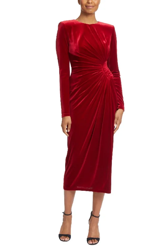 40's Pleated Velvet Dress In Red