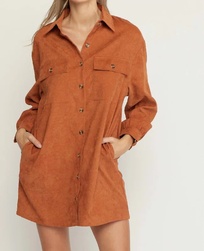 Corduroy Collared Button Up Dress In Cinnamon