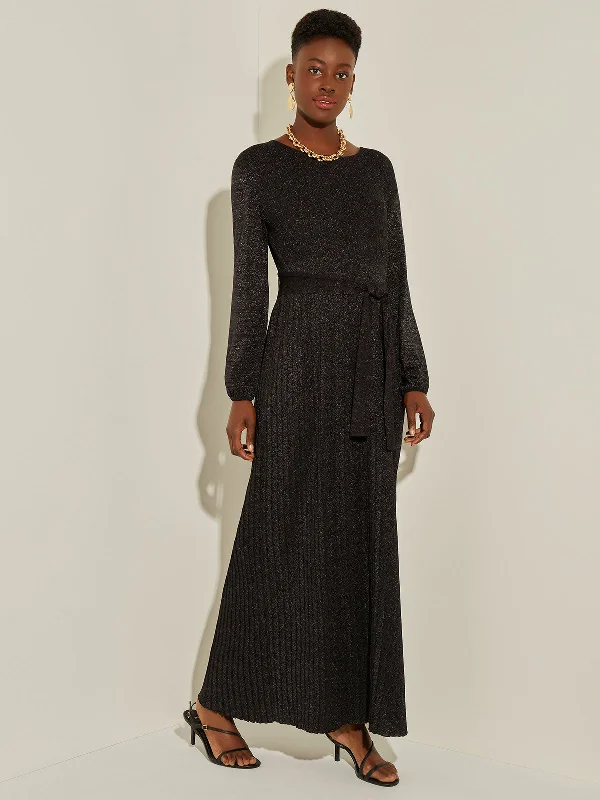 Bishop Sleeve Belted Shimmer Knit Maxi Dress