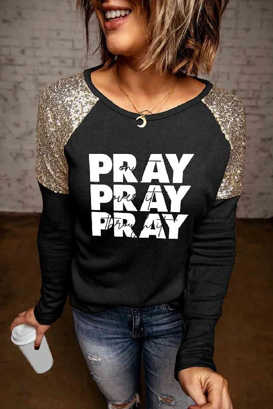 PRAY On It, Over It, Through It Graphic Sequin Ladies Short Sleeve Tee