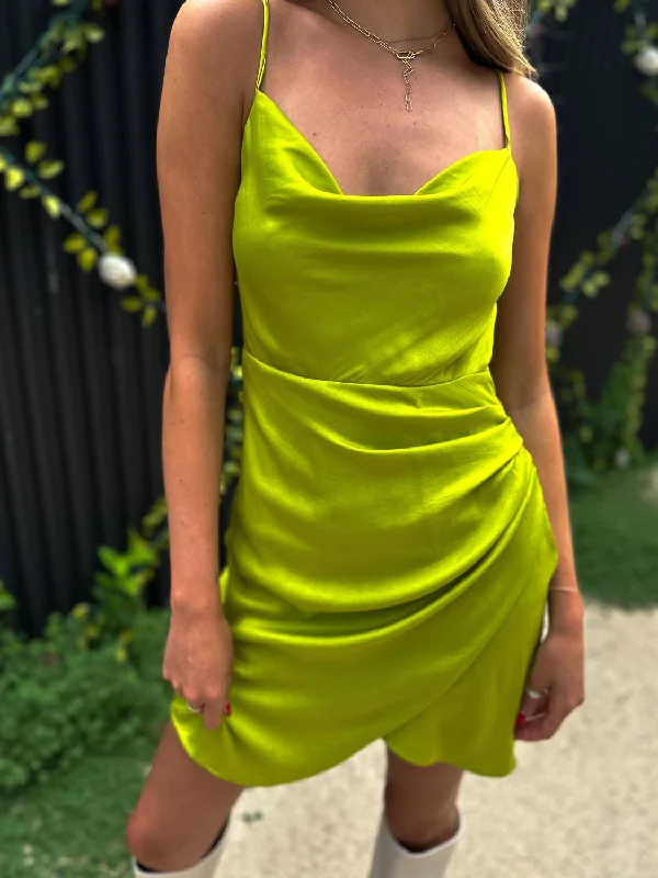 Natasha Draped Mini Dress In Lime Green