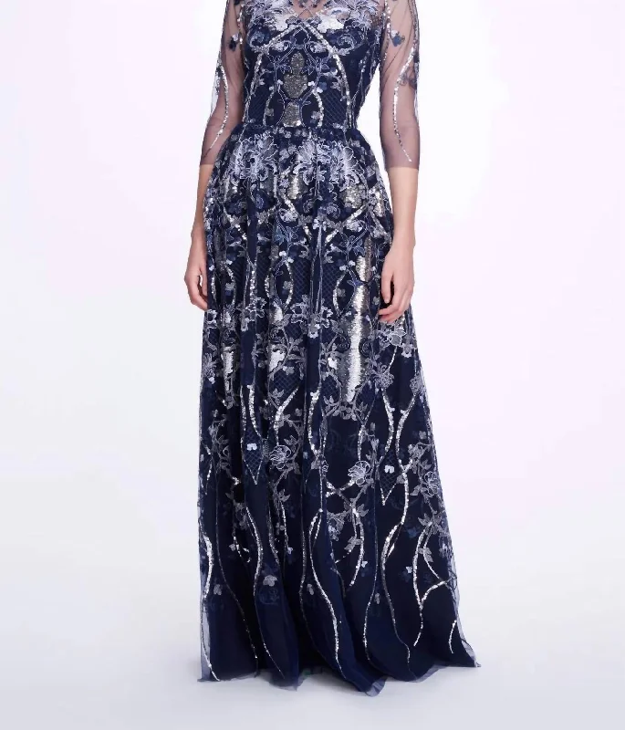 Embroidered-Tulle Boatneck Gown In Navy