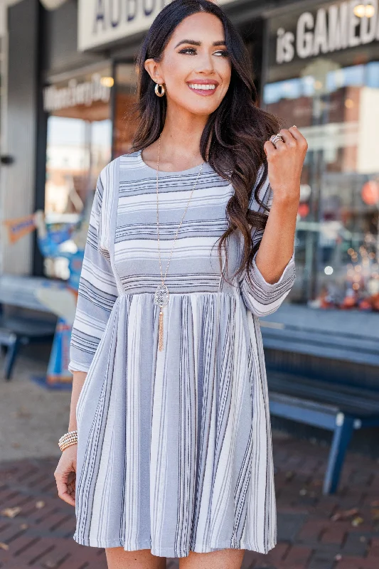 Let's Go Westward Light Gray Striped 3/4 Sleeve Dress