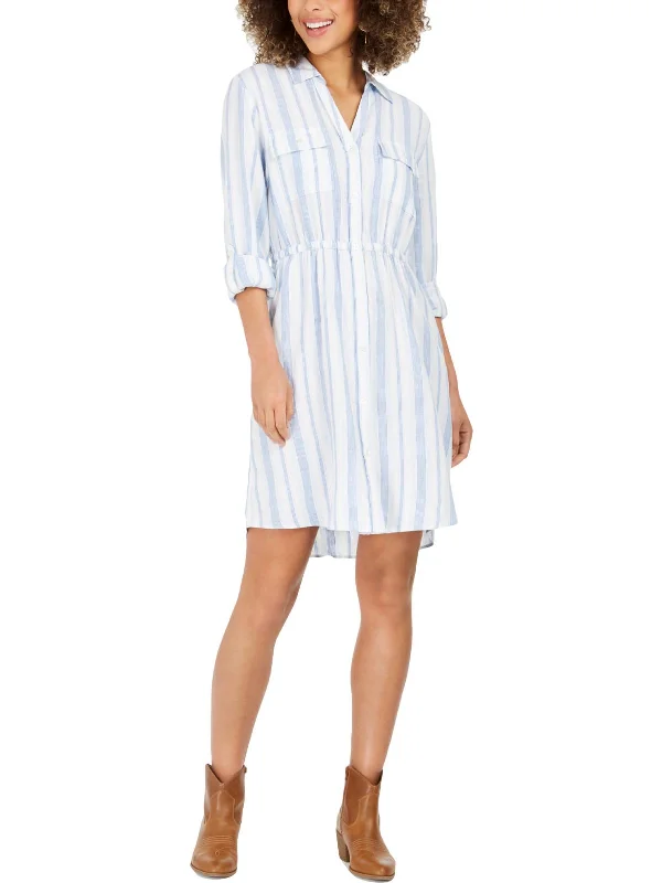 Womens Linen Blend Striped Shirtdress