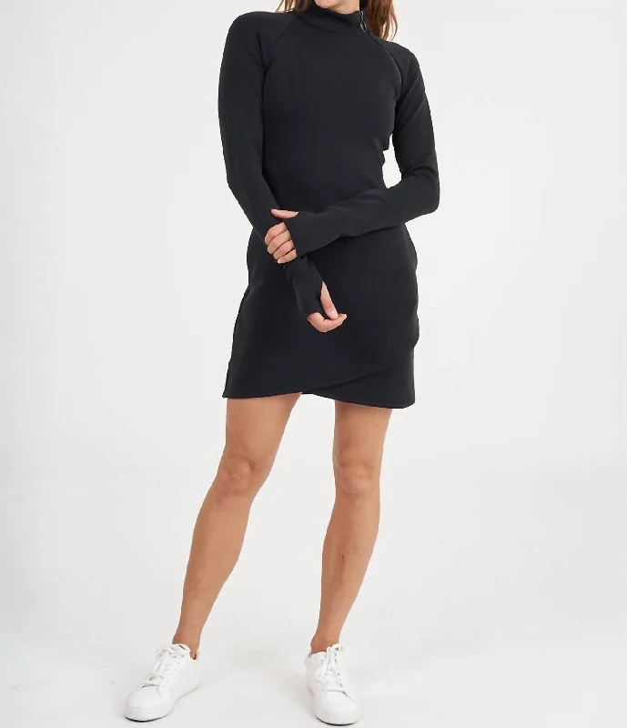 Zip Mock Neck Dress In Black