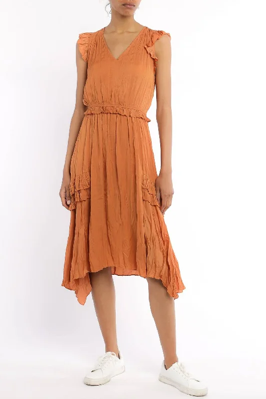 V Neck Dress In Burnt Orange