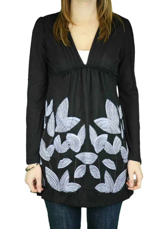 ANAMA Women's Black Geometric Flower Knit Baby Doll Tunic Sweater T43790 $88 NEW