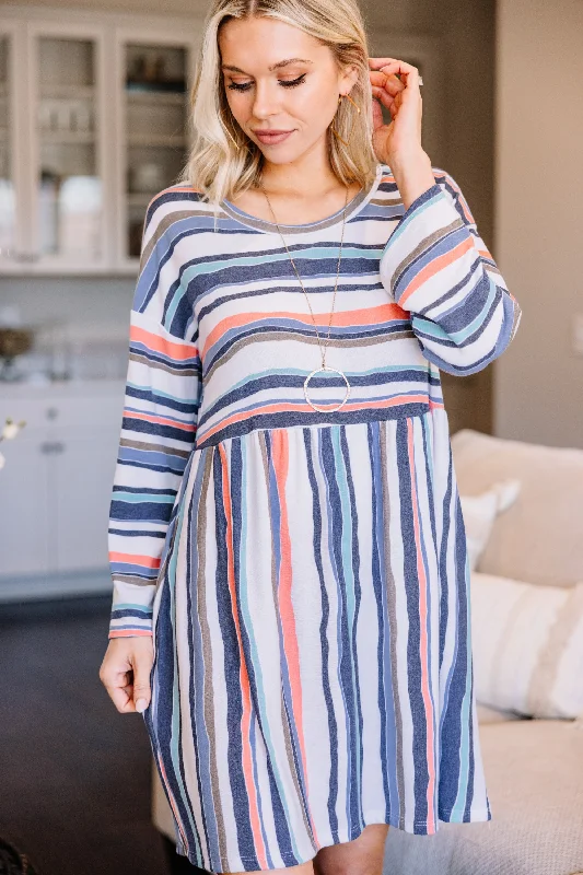 Let's Find Out Blue Bell Sleeve Striped Dress