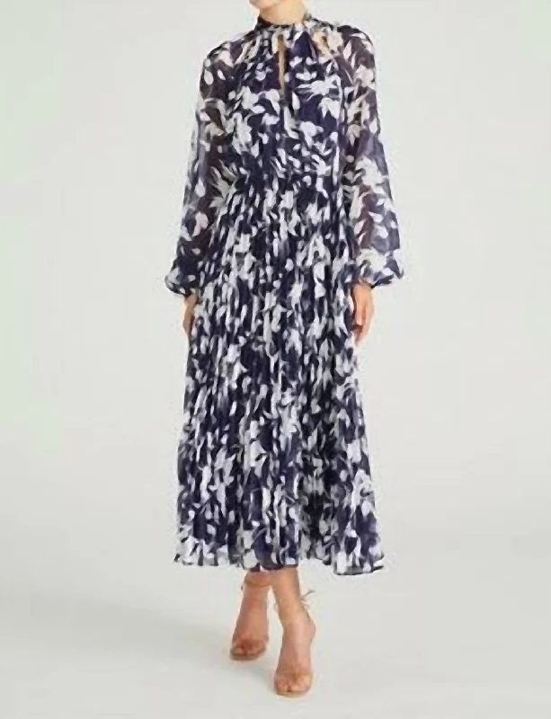 Abbie Chiffon Long Dress In Indigo Botanical