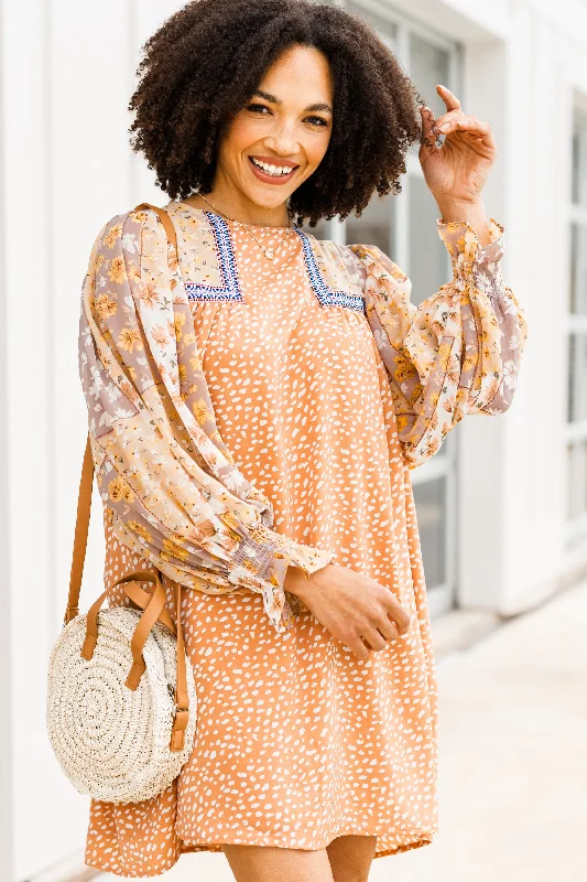 Make The Call Salmon Orange Mixed Print Shift Dress