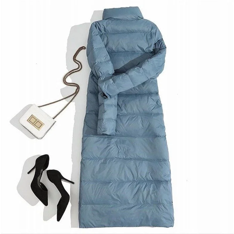 Women Double Sided Down Long Jacket Winter Turtleneck White Down Coat