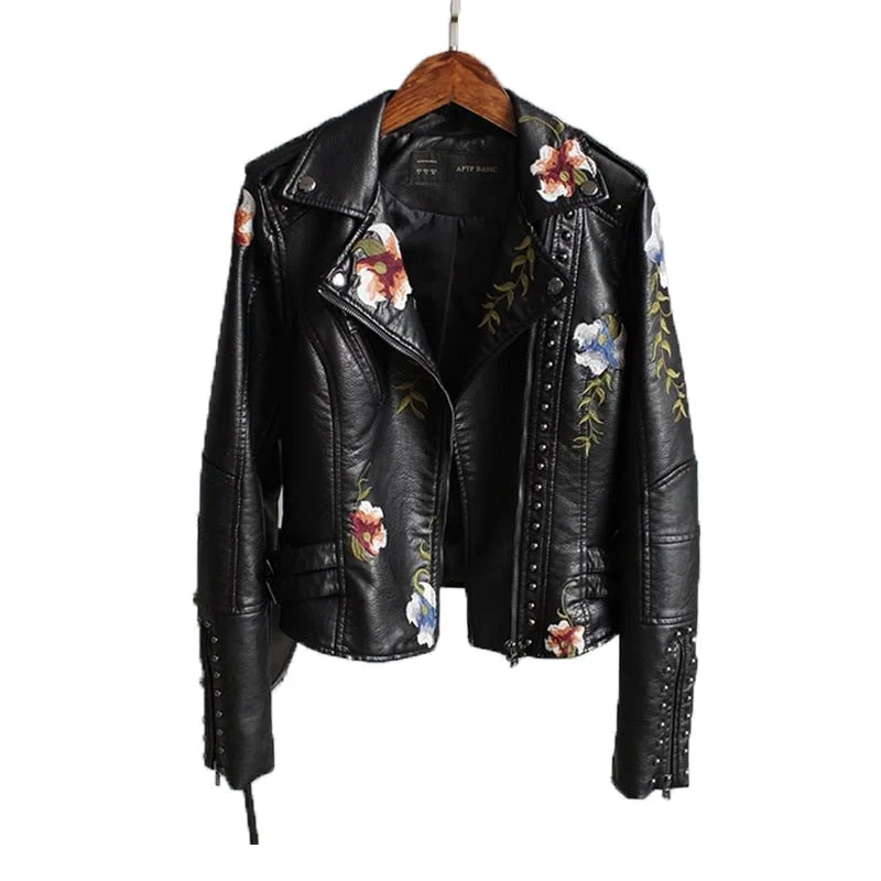 Women Floral Print Embroidery Faux Soft Leather Jacket Coat