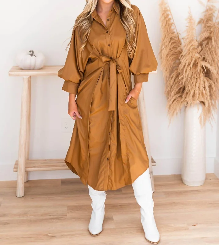 Definitely Maybe Button Down Dress In Camel