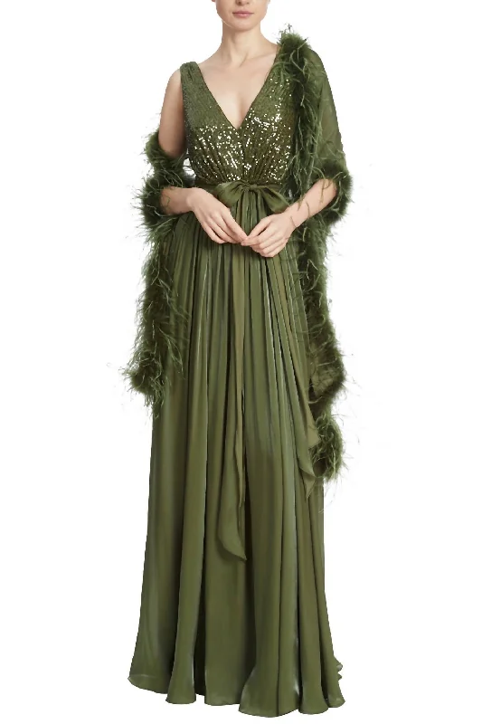 Sequin Feather Wrap Gown In Moss