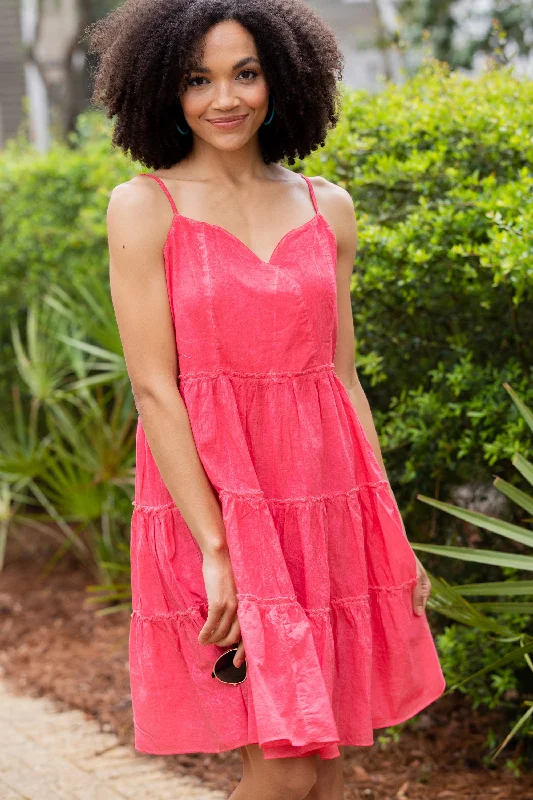 In The Beginning Hot Coral Pink Mineral Wash Sundress