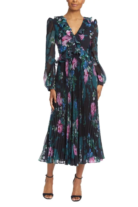 Pleated Ruffle Day Dress In Multicolor