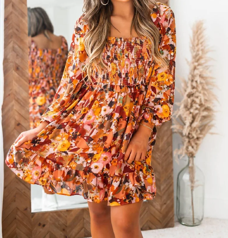 Autumn Breeze Floral Dress In Rust