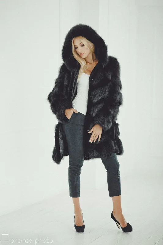 Fox Fur Hooded Jacket (Black)