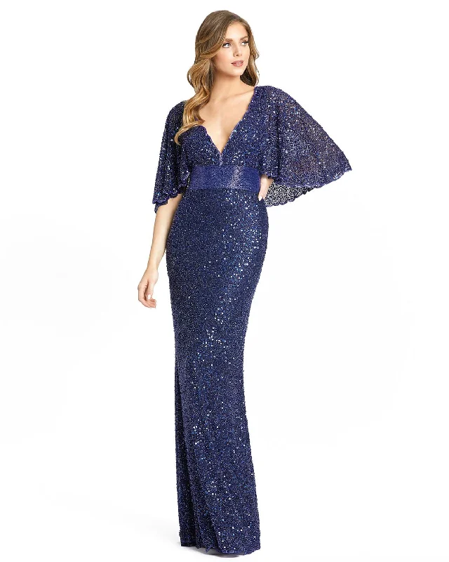 Sequined V-Neck Cape Sleeve Beaded Waist Gown