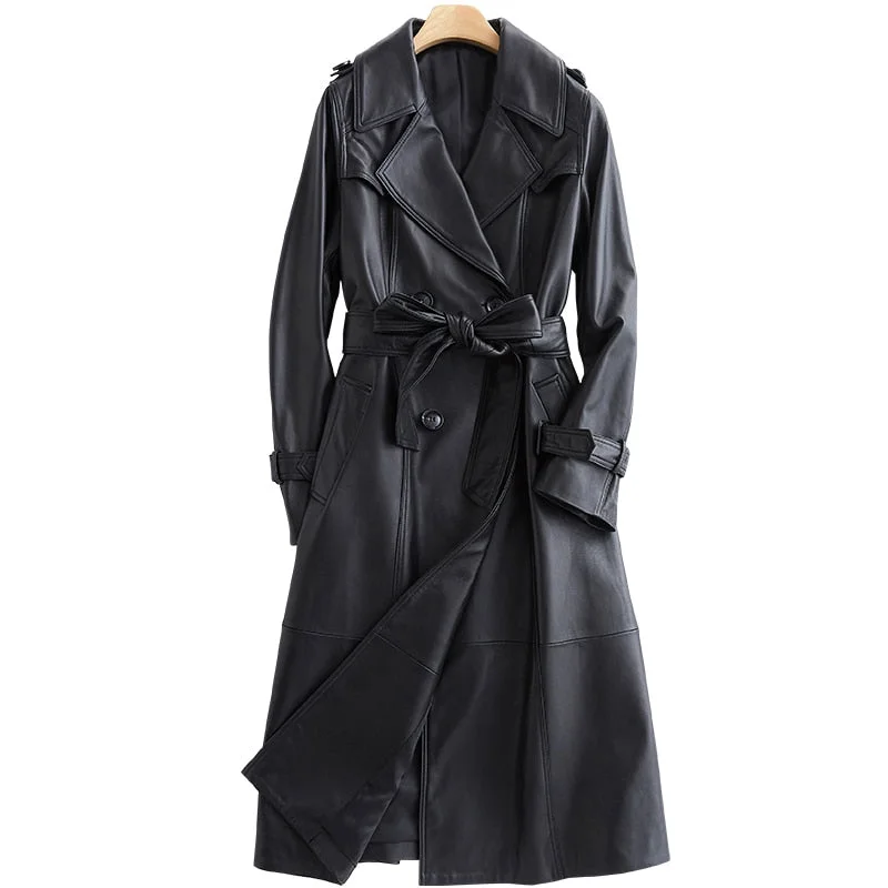 Long black leather trench coat for women long sleeve belt lapel