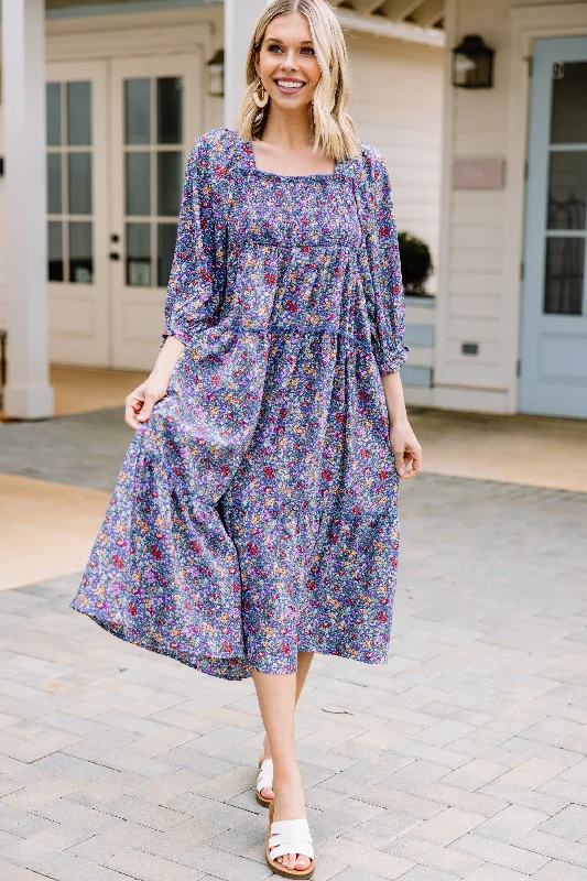 Love Story Ocean Blue Ditsy Floral Midi Dress