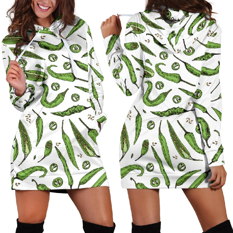 Hand Drawn Sketch Style Green Chili Peppers Pattern Women'S Hoodie Dress