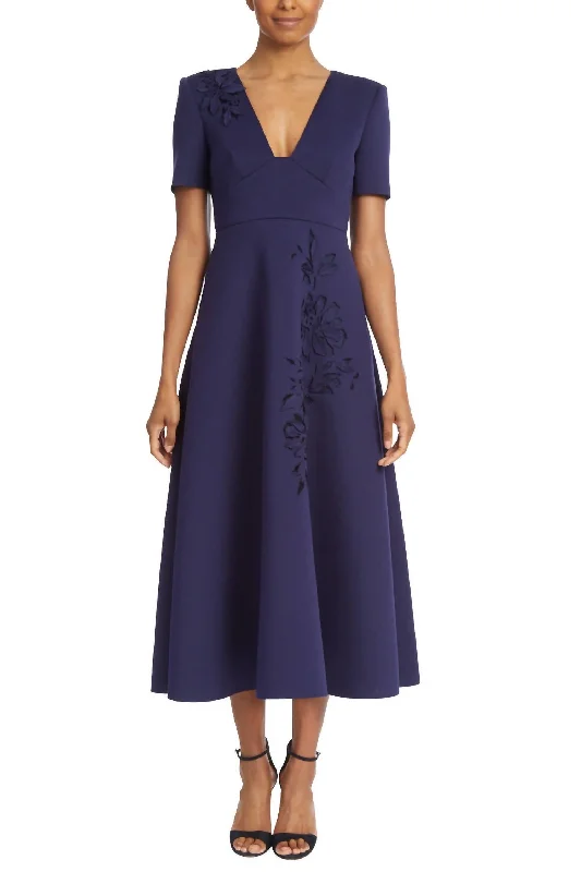 Laser Cut Fit & Flare Day Dress In Navy