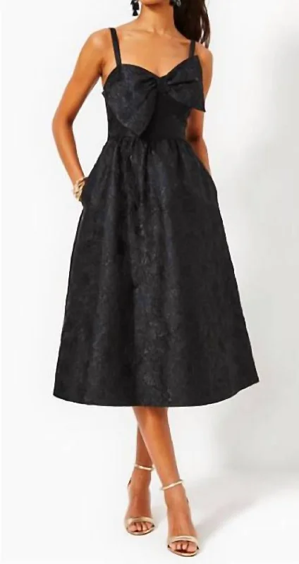 Ellara Jacquard Midi Bow Dress In Onyx Leaf An Impression Jacquard