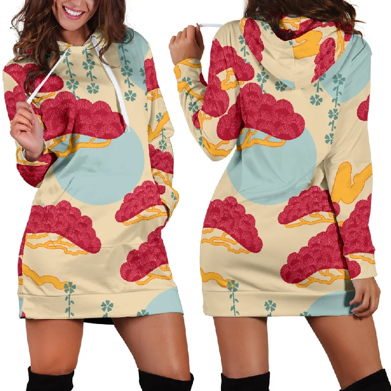 Red Bonsai Gray Sun Japanese Pattern Women'S Hoodie Dress