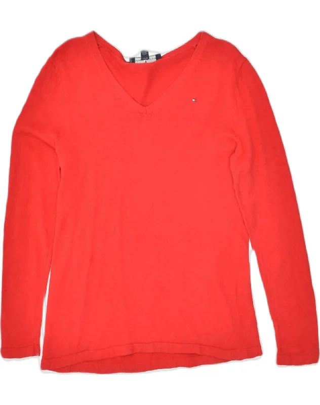 TOMMY HILFIGER Womens V-Neck Jumper Sweater UK 14 Medium Red Cotton