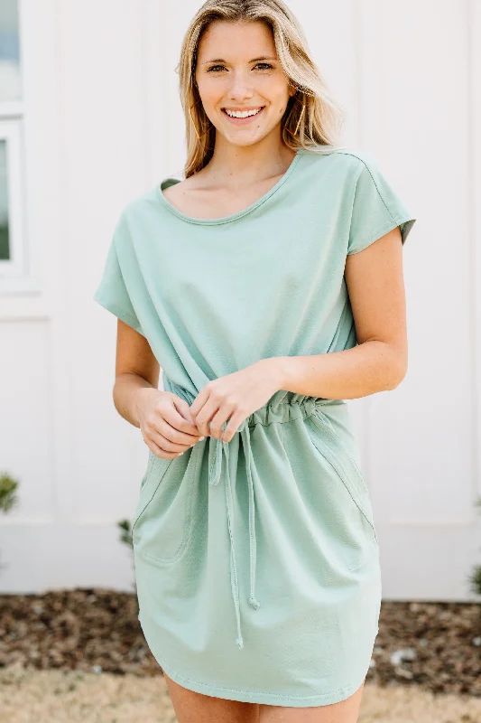 With You Always Dusty Sage Green Drawstring Waist Dress