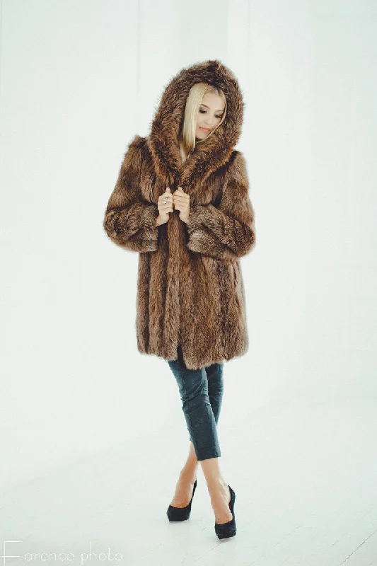 Fox Fur Coat with Hood (Brown)