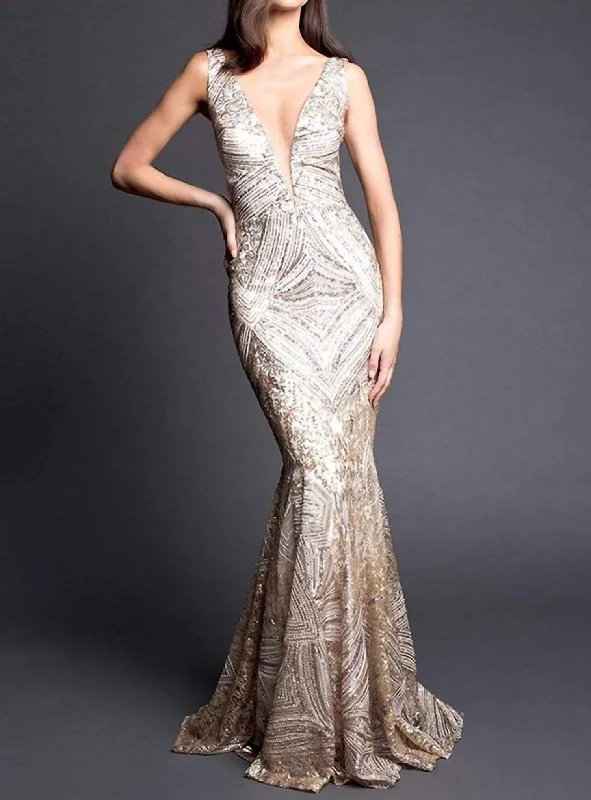 Embellished Deep V-Neck Trumpet Dress In White Gold