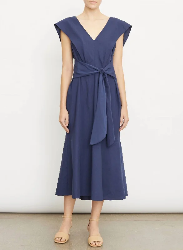 V Neck Flutter Sleeve Dress In Twilight