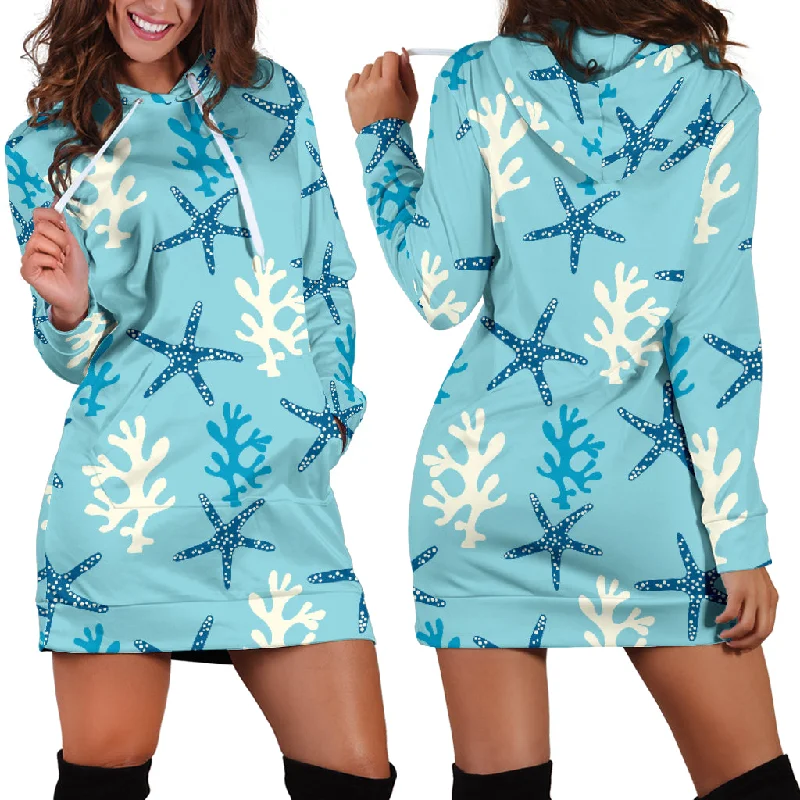 Blue Starfish Coral Reef Pattern Women'S Hoodie Dress