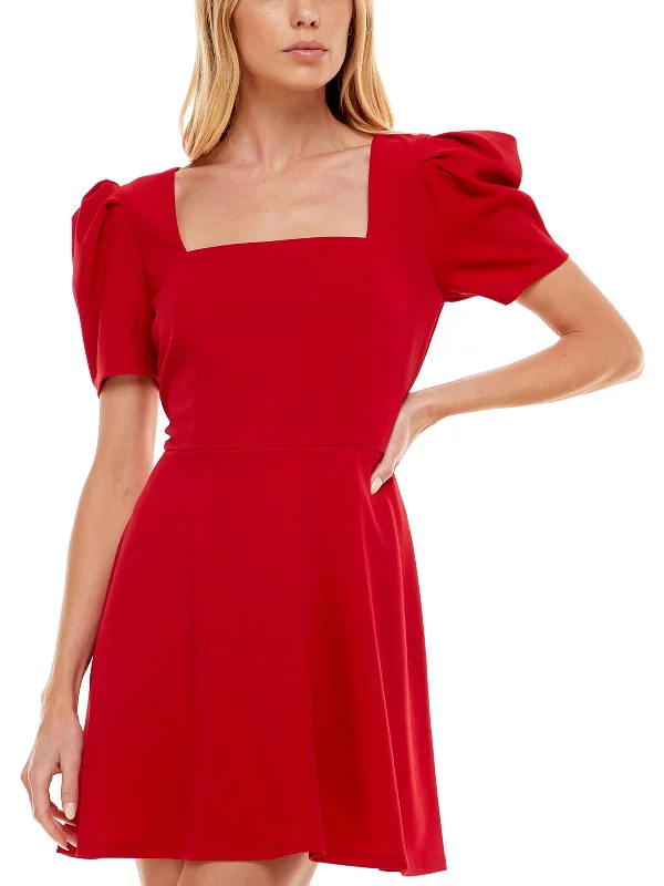 Womens Square Neck Puff Sleeves Fit & Flare Dress