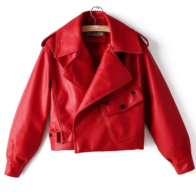 Autumn Women Faux Leather Jacket Pu Motorcycle Biker Red Coat