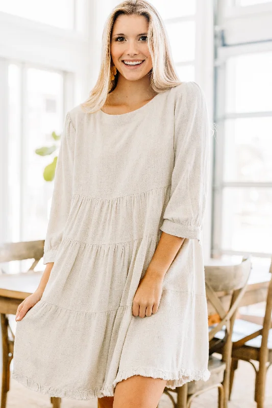 Turn To Me Oatmeal White Tiered Linen Dress