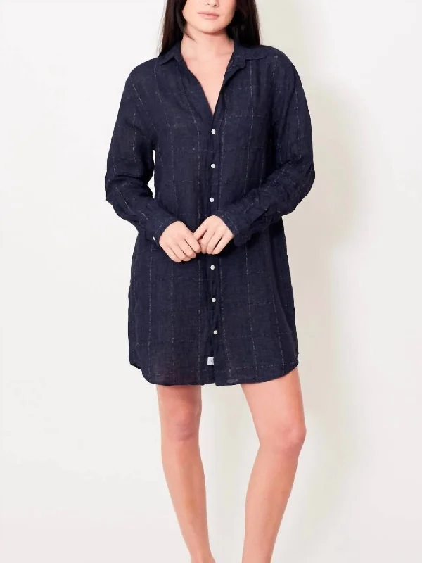 Mary Woven Button Up Dress In Navy Texture Windowpane