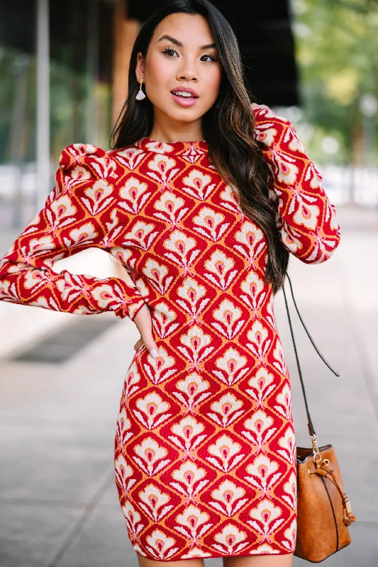 Just Imagine Berry Red Abstract Mini Sweater Dress